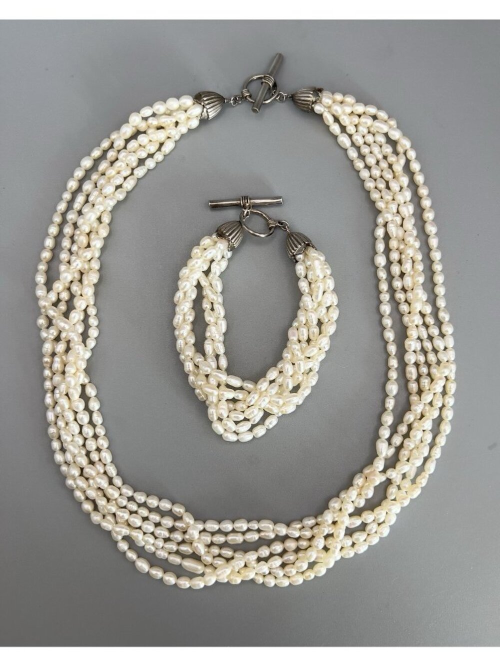 Vintage Sterling Silver 6-Strand Mini Baroque Pearl Necklace & Bracelet Set